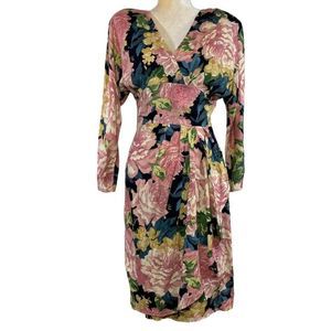 80s Vintage Phoebe Black & Pink Floral Big Shoulder Dolman Sleeve Dress Medium